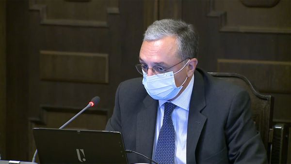 Министр иностранных дел Зограб Мнацаканян на внеочередном заседании правительства Армении (13 июля 2020). Еревaн - Sputnik Армения