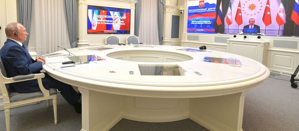 Видеоконференция лидеров России, Ирана и Турции Владимира Путина, Хaсана Рoухани и Реджепа Тайипа Эрдогана по сирийскому урегулированию (1 июля 2020). Москвa - Sputnik Արմենիա