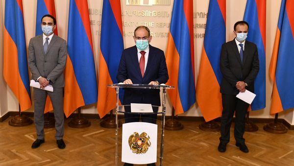Онлайн брифинг по итогам заседания комендатуры с участием премьер-министра Никола Пашиняна, вице-премьера Тиграна Авиняна и министра здравоохранения Арсена Торосяна (29 июля 2020). Еревaн - Sputnik Армения