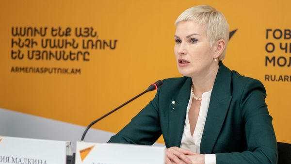 Помощник председателя Коллегии ЕЭК Ия Малкина на онлайн пресс-конференции в мультимедийном пресс-центре Sputnik Армения об итогах состоявшегося в Ереване заседания с участием глав правительств стран ЕАЭС (9 октября 2020). Еревaн - Sputnik Армения