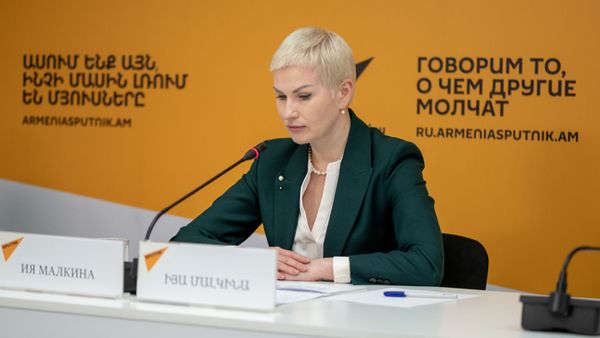 Помощник председателя Коллегии ЕЭК Ия Малкина на онлайн пресс-конференции в мультимедийном пресс-центре Sputnik Армения об итогах состоявшегося в Ереване заседания с участием глав правительств стран ЕАЭС (9 октября 2020). Еревaн - Sputnik Армения