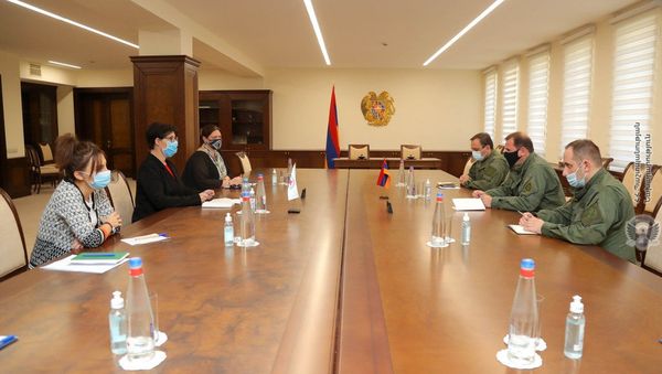 Министр обороны Давид Тоноян принял делегацию во главе с главой делегации МККК в Армении Клэр Метро (10 октября 2020). Еревaн - Sputnik Армения