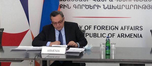 Заместитель министра иностранных дел Авет Адонц на онлайн-встрече ЕС-Восточное партнерство (13 октября 2020). Еревaн - Sputnik Армения