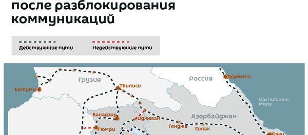 Схема железнодорожного сообщения на Южном Кавказе после разблокирования коммуникаций Схема железнодорожного сообщения на Южном Кавказе после разблокирования коммуникаций - Sputnik Армения