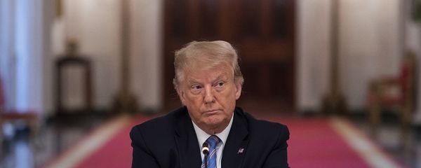 Президент США Дональд Трамп сидит, скрестив руки, во время круглого стола, посвященного безопасному открытию американских школ во время пандемии коронавируса (7 июля 2020). Вашингтон - Sputnik Армения
