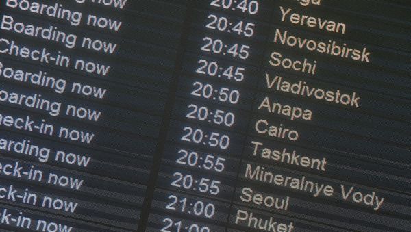 Информационное табло в зоне отлета аэропорта Шереметьево Информационное табло в зоне отлета аэропорта Шереметьево - Sputnik Армения