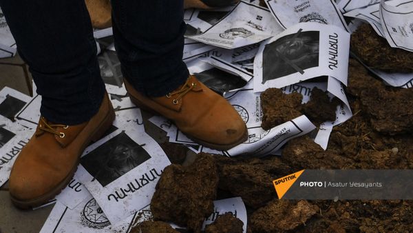 Листовки с фотографиями под ногами участников акции протеста у здания Парламента (3 февраля 2021). Еревaн - Sputnik Армения