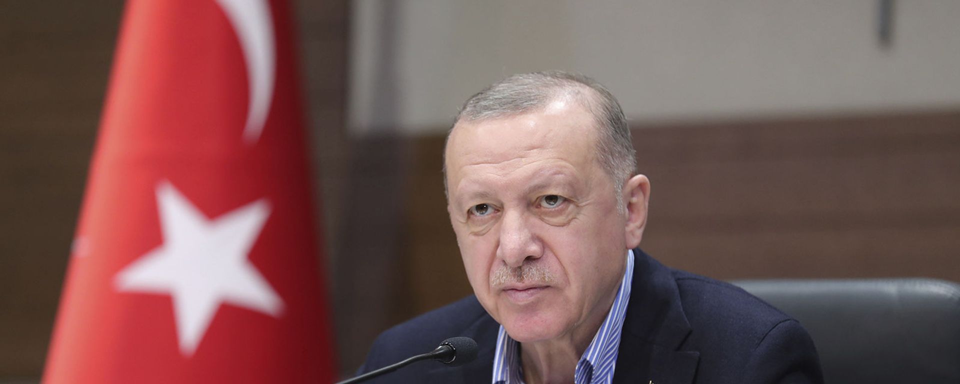Президент Турции Реджеп Тайип Эрдоган на фоне турецкого флага во время пресс-конференции  - Sputnik Армения, 1920, 29.08.2021