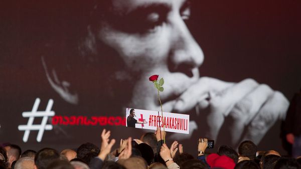 Сторонники партии экс-президента Грузии Михаила Саакашвили с плакатами на демонстрации с требованием его освобождения из тюрьмы (14 октября 2021). Тбилиси - Sputnik Արմենիա