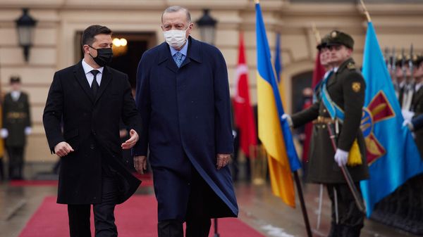 Президенты Украины и Турции Владимир Зеленский и Реджеп Тайип Эрдоган проходят мимо почетного караула перед их встречей (3 февраля 2022). Киев - Sputnik Армения