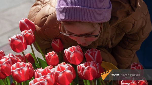 Посетительница ярмарки тюльпанов в центре Еревана - Sputnik Армения