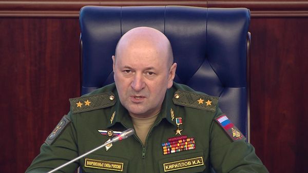 Начальник российских войск РХБЗ ВС РФ Игорь Кириллов во время брифинга об американских биолабораториях на Украине (17 марта 2022). Москвa - Sputnik Армения