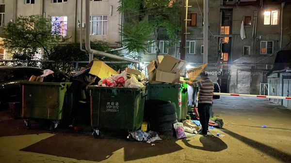 Полные мусорные баки и разбросанный мусор в одном из дворов около проспекта Маштоца - Sputnik Армения