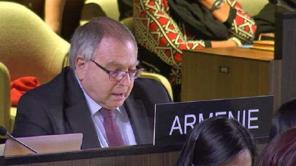 Постоянный представитель Армении, посол Кристиан Тер-Степанян выступает с речью на заседании Генассамблеи ЮНЕСКО О защите нематериального культурного наследия (5 июля 2022). - Sputnik Армения