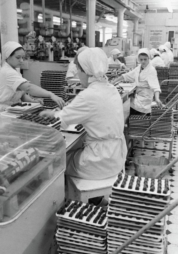 Поточная линия шоколадных конфет на опытно-экспериментальной кондитерской фабрике "Красный Октябрь". - Sputnik Армения