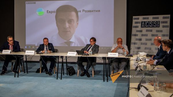 Руководитель Центра странового анализа Евразийского банка развития (ЕАБР) Алексей Кузнецов (на экране) во время круглого стола на тему Международные санкции и их влияние на экономику стран ЕАЭС: проблемы и новые возможности (26 августа 2022). Еревaн - Sputnik Армения