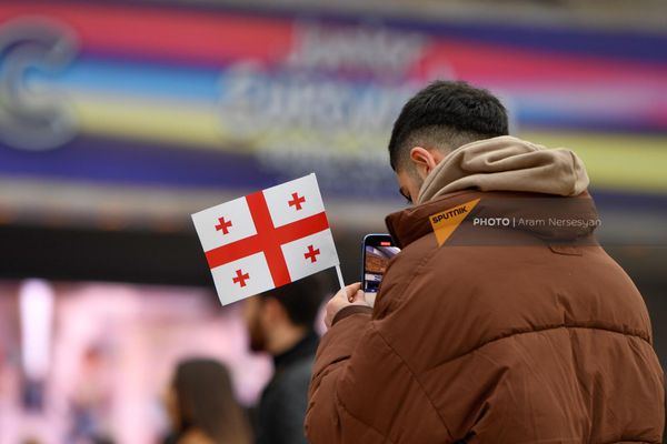 Мужчина с флажком Грузии в очереди у СКК - Sputnik Армения