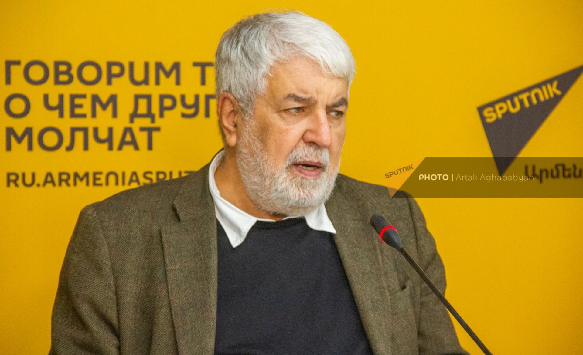 Директор ИВ РАУ Гарник Асатрян на пресс-конференции, посвященной старту II международного научного конкурса по арменоведению (19 декабря 2022). Еревaн - Sputnik Армения, 1920, 19.12.2022