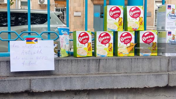 Плакат на решетке здания ООН с надписью Для детей Арцаха, которые нуждаются в еде (23 июня 2023). Еревaн - Sputnik Армения