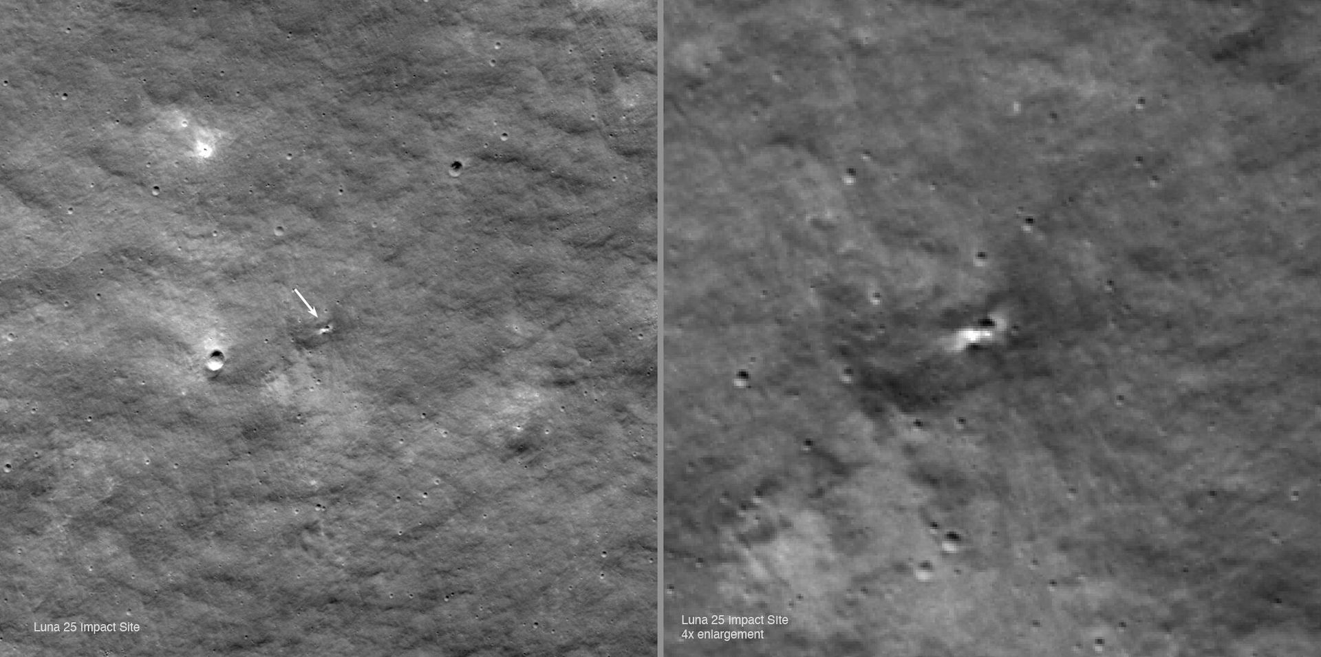 1 - Во время спуска на поверхность российский космический корабль Луна-25 столкнулся с аномалией
2 - Изображение LROC NAC, увеличенное в четыре раза, сосредоточено на вероятном кратере Луны-25 - Sputnik Армения, 1920, 01.09.2023
