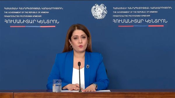 Пресс-секретарь премьер-министра Армении Назели Багдасарян во время брифинга (29 сентября 2023). Еревaн - Sputnik Армения