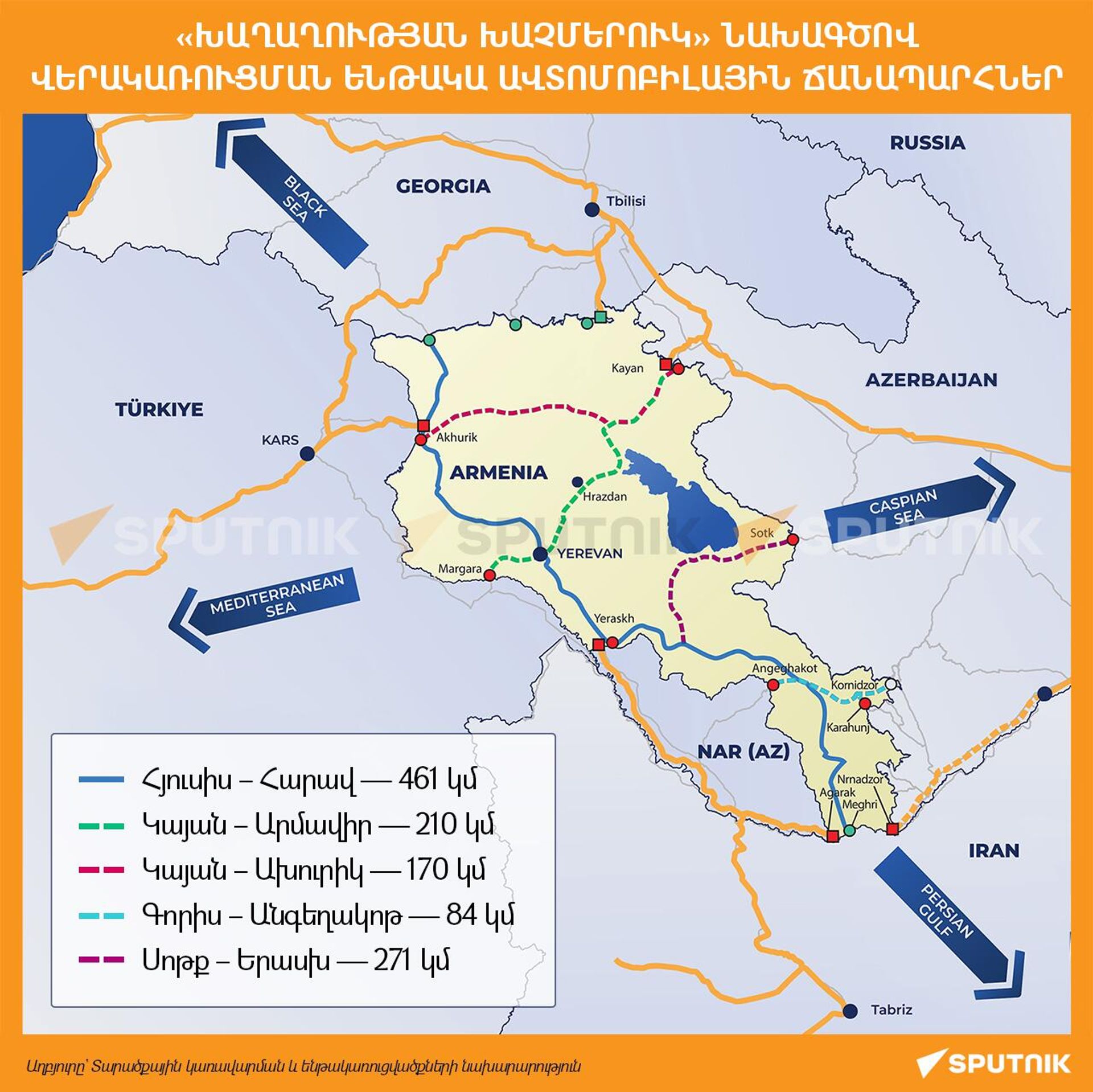 «Խաղաղության խաչմերուկ» նախագծով վերակառուցման ենթակա ավտոմոբիլային ճանապարհներ - Sputnik Արմենիա, 1920, 11.01.2024