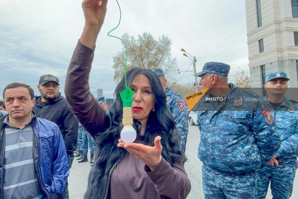Депутат Наира Зограбян на акции протеста держит в руках лампочку турецкого производства, по ее словам &quot;символизирующую армянскую демократию&quot; (8 апреля 2024). Еревaн - Sputnik Армения