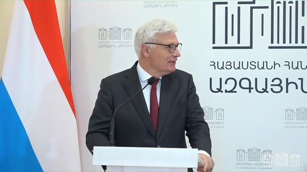 Председатель Палаты депутатов Люксембурга Клод Визлер на совместной пресс-конференции с председателем национального собрания Армении (22 мая 2024). Еревaн - Sputnik Армения