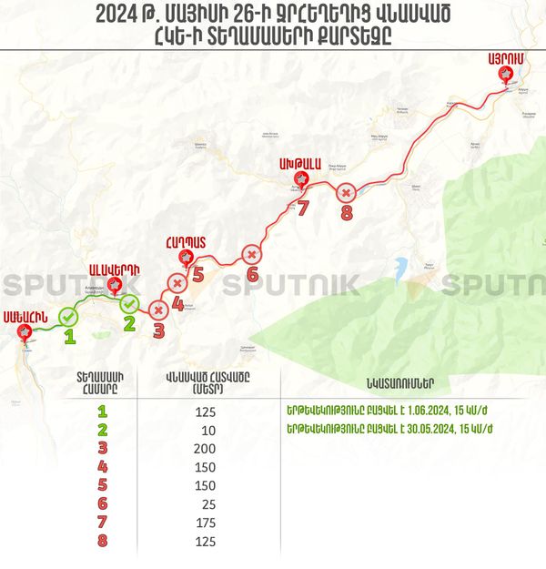 2024թ. մայիսի 26-ի ջրհեղեղից վնասված ՀԿԵ-ի տեղամասերի քարտեզը - Sputnik Արմենիա
