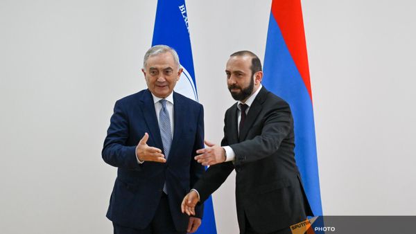 Встреча министра иностранных дел Арарата Мирзояна и генерального секретаря Организации Черноморского экономического сотрудничества Лазар Команеску (1 июля 2024). Еревaн - Sputnik Армения