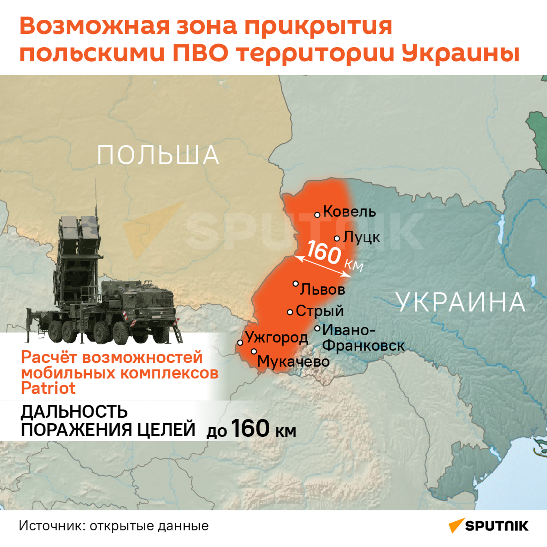 Возможная зона прикрытия польскими ПВО территории Украины Возможная зона прикрытия польскими ПВО территории Украины - Sputnik Армения, 1920, 09.07.2024