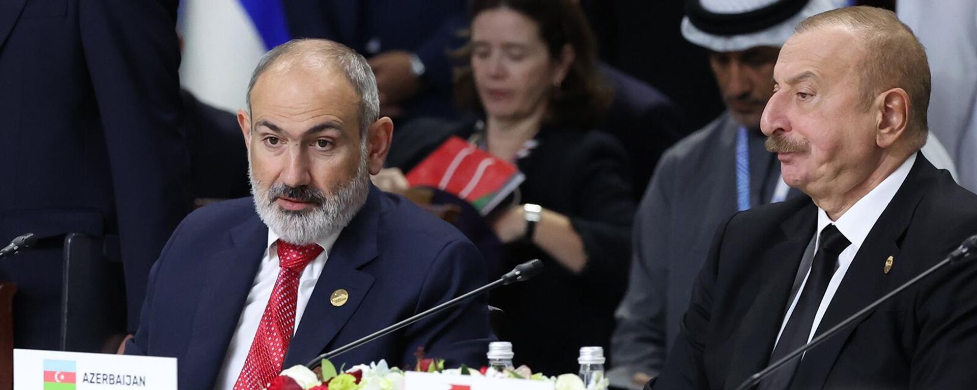 Премьер-министр Армении Никол Пашинян и президент Азербайджана Ильхам Алиев на пленарном заседании XVI саммита БРИКС в формате аутрич / БРИКС плюс (24 октября 2024). Казань Премьер-министр Армении Никол Пашинян и президент Азербайджана Ильхам Алиев на пленарном заседании XVI саммита БРИКС в формате аутрич / БРИКС плюс (24 октября 2024). Казань - Sputnik Армения, 1920, 19.12.2024