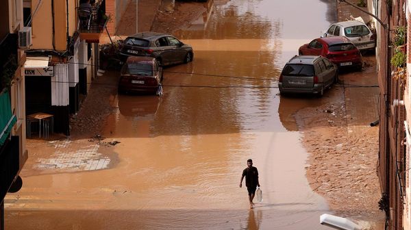 Мужчина с водой в руках идет по затопленным улицам в Валенсии (30 октября 2024). Испания - Sputnik Армения