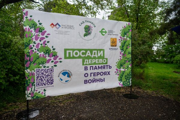 Баннер Международной акции Сад памяти в Парке Победы в память о павших на фронтах Великой Отечественной войны (23 апреля 2025). Еревaн - Sputnik Армения