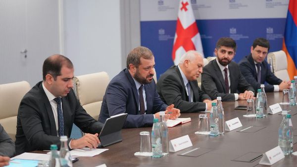 Министр экономики Геворг Папоян и председатель Комитета государственных доходов Эдуард Акопян встретились с первым вице-премьер-министром Грузии, министром экономики и устойчивого развития Леваном Давиташвили, министром сельского хозяйства и окружающей среды Давидом Сонгулашвили, а также с начальником Службы государственных доходов Ираклием Бераия (23 июня 2025). Тбилиси - Sputnik Армения