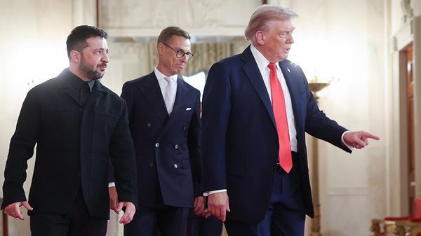 Президенты США, Украины и Финляндии Дональд Трамп, Владимир Зеленский и Александр Стубба после встречи в Овальном кабинете Белого дома (18 августа 2025). Вашингтон - Sputnik Армения