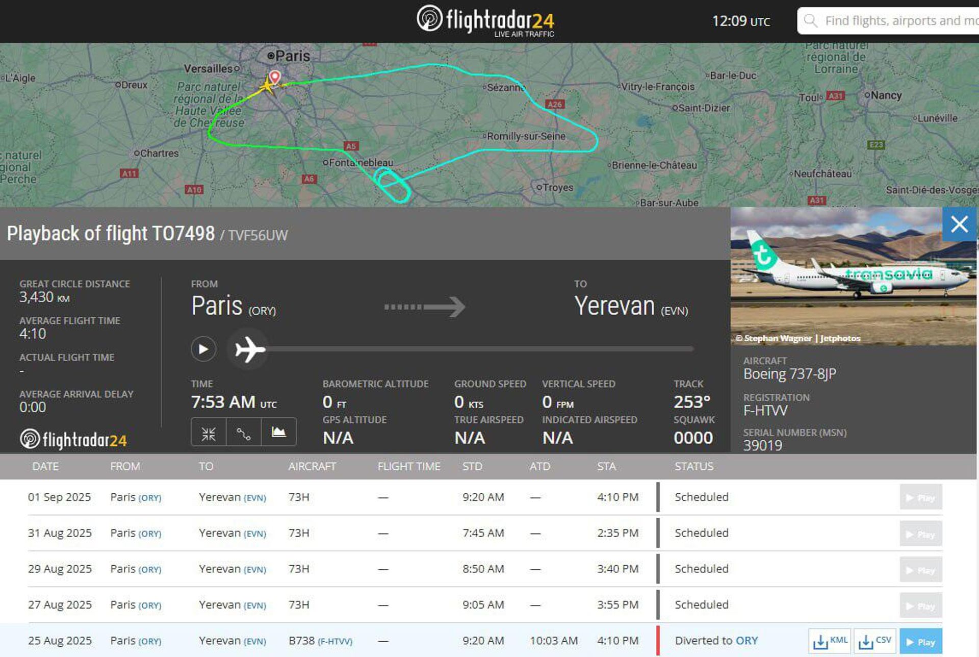 Траектория самолета Boeing 737-8JP авиакомпании Transavia на сайте Flightradar24 - Sputnik Армения, 1920, 25.08.2025