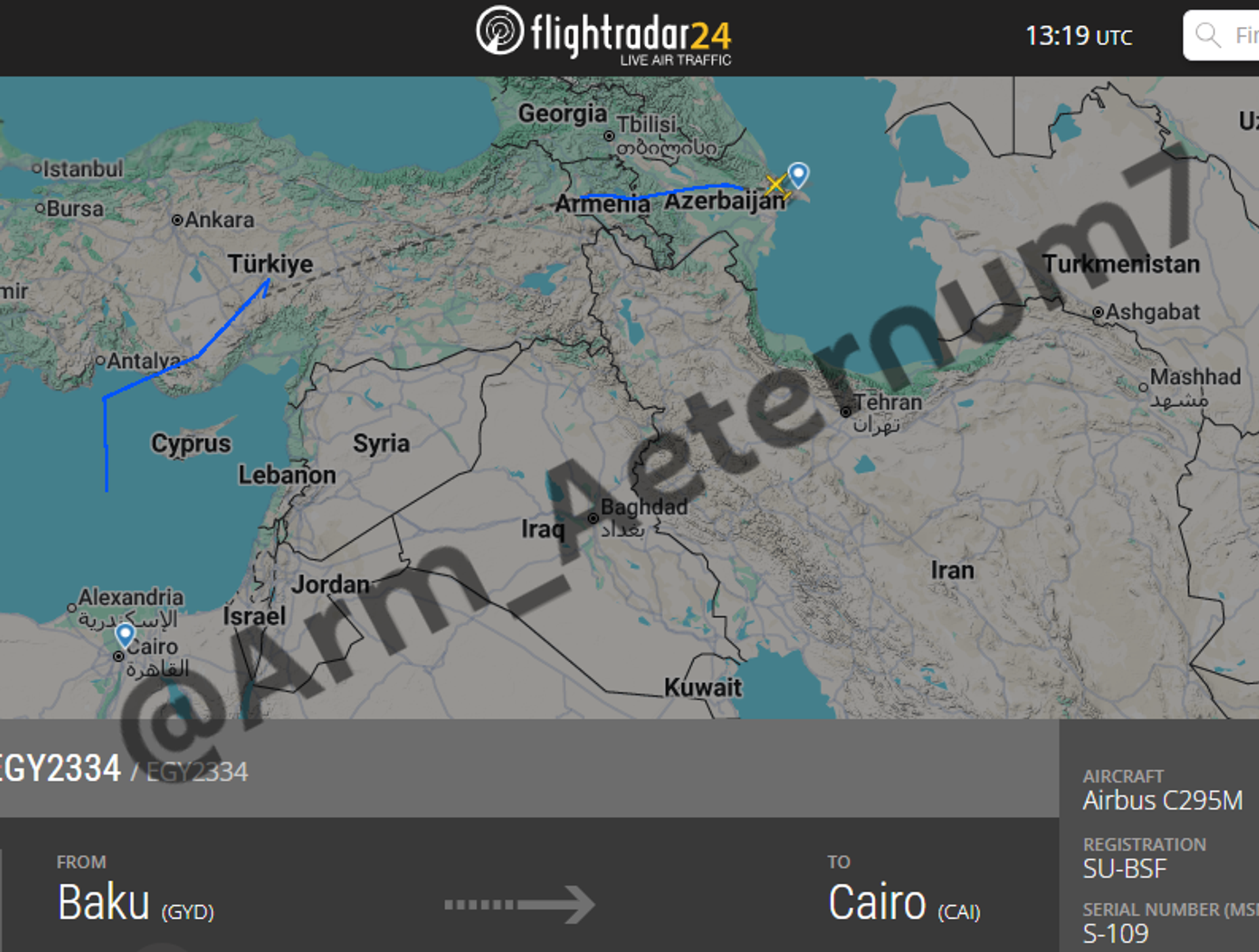 Траектория военного самолета ВВС Египта на сайте Flightradar24 - Sputnik Армения, 1920, 12.01.2026