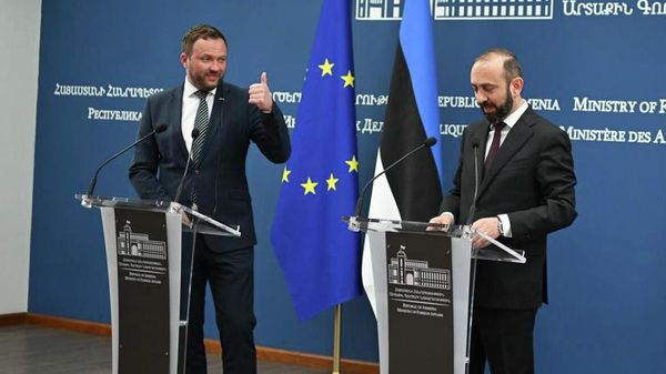 Пресс-конференция глав МИД Армении и Эстонии Арарата Мирзояна и Маргуса Цахкны по итогам встречи (10 апреля 2026). Ереван - Sputnik Армения