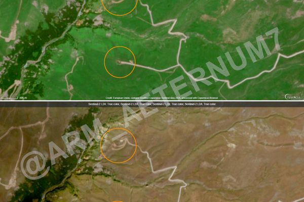 Инженерные работы вокруг азербайджанских позиций в районе Джермука, кадры Sentinel-2 - Sputnik Армения