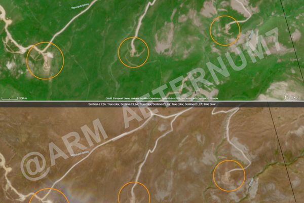Инженерные работы вокруг азербайджанских позиций в районе Джермука, кадры Sentinel-2 - Sputnik Армения