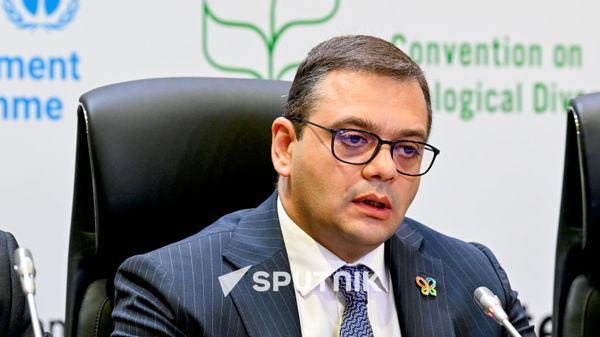 Роберт Абисогомонян на брифинге в преддверии COP17 в выставочном центре Меридиан (14 октября 2026). Еревaн - Sputnik Армения