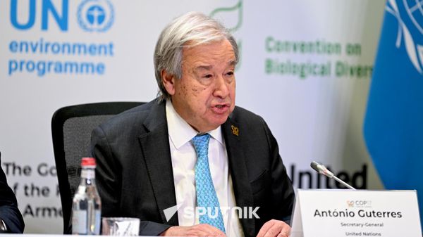 Генеральный секретарь ООН Антониу Гутерриш во время презентации доклада Состояние действий по сохранению биоразнообразия (15 октября 2026). Еревaн - Sputnik Армения