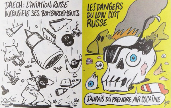 Charlie Hebdo опубликовала карикатуры на катастрофу А321 в Египте. Подпись гласит: Российская авиация усилила свои бомбардировки - Sputnik Армения