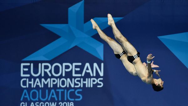 Чемпионат Европы по водным видам спорта 2018. Прыжки в воду. Финал синхронных прыжков, мужчины, 10 метров. Владимир Арутюнян и Лев Саркисян, Армения (9 августа 2018). Эдинбург - Sputnik Армения