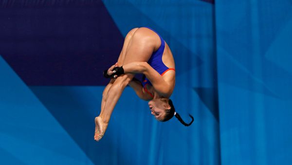 Чемпионат Европы по водным видам спорта 2018. Прыжки в воду. Финал женской вышки 10 метров. Селин Мария Ван Дуйн, Нидерланды (8 августа 2018) Эдинбург - Sputnik Армения
