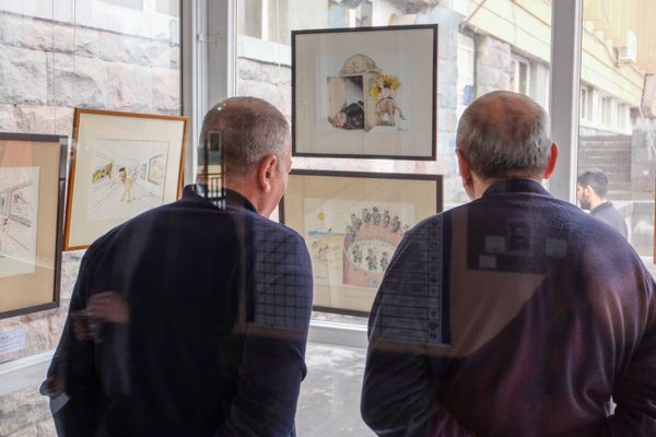 Выставка карикатур Владимира Аброяна в Росскийско-Армянском Университете (1 апреля 2019). Еревaн - Sputnik Армения