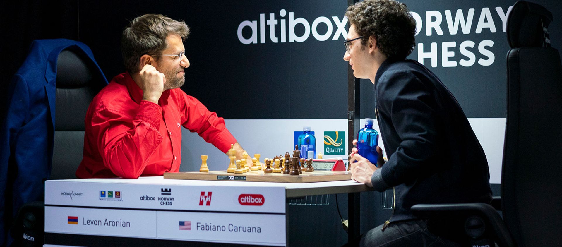 Гроссмейстеры Левон Аронян и Фабино Каруана во время блиц-турнира Altibox Norway Chess 2019 (3 июня 2019). Ставангер, Норвегия - Sputnik Армения, 1920, 07.06.2021