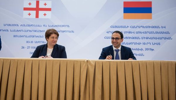 Вице-премьеры Армении и Грузии Тигран Авинян и Мая Цкитишвили подписали протокол по итогам X заседания межправительственной комиссии по торгово-экономическому сотрудничеству (27 июня 2019). Еревaн - Sputnik Արմենիա
