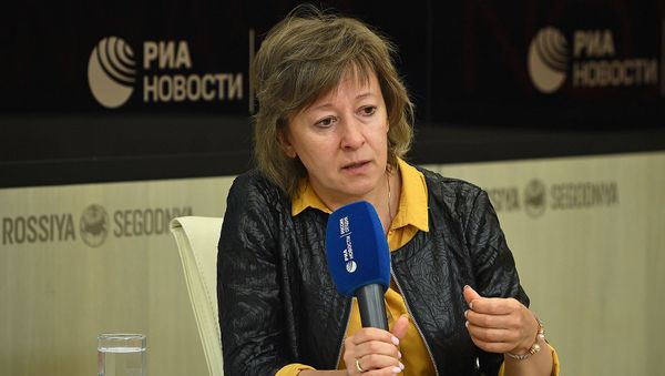 Министр торговли ЕЭК Вероника Никишина во время видеомоста Москвa - Еревaн - Бишкек - Нур-Султан (16 сентября 2019). Москвa - Sputnik Армения